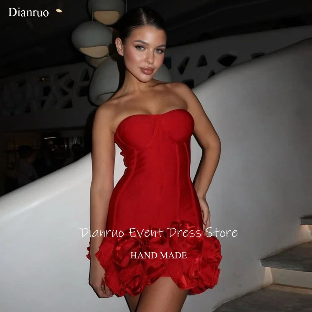 

Dianruo Red 3D Rose Ruffles Prom Dresses Strapless Mini Party Gowns 2025 Sleeveless Chic Vestidos De 15 Quinceañera Customized