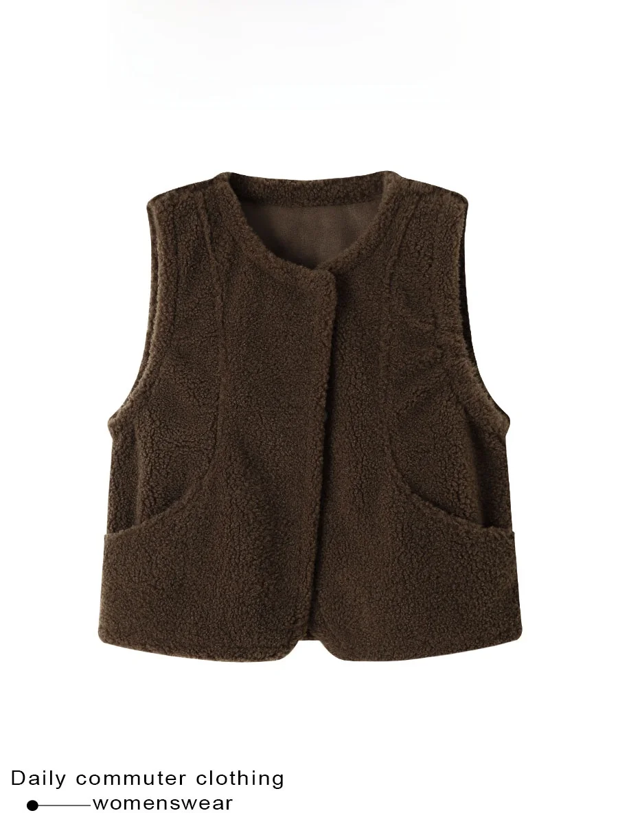 Coshehkg Lamb Fur Sleeveless Vest Women's Spring Autumn Fashionable Versatile round Neck Inner Wear Casual Style Warmth