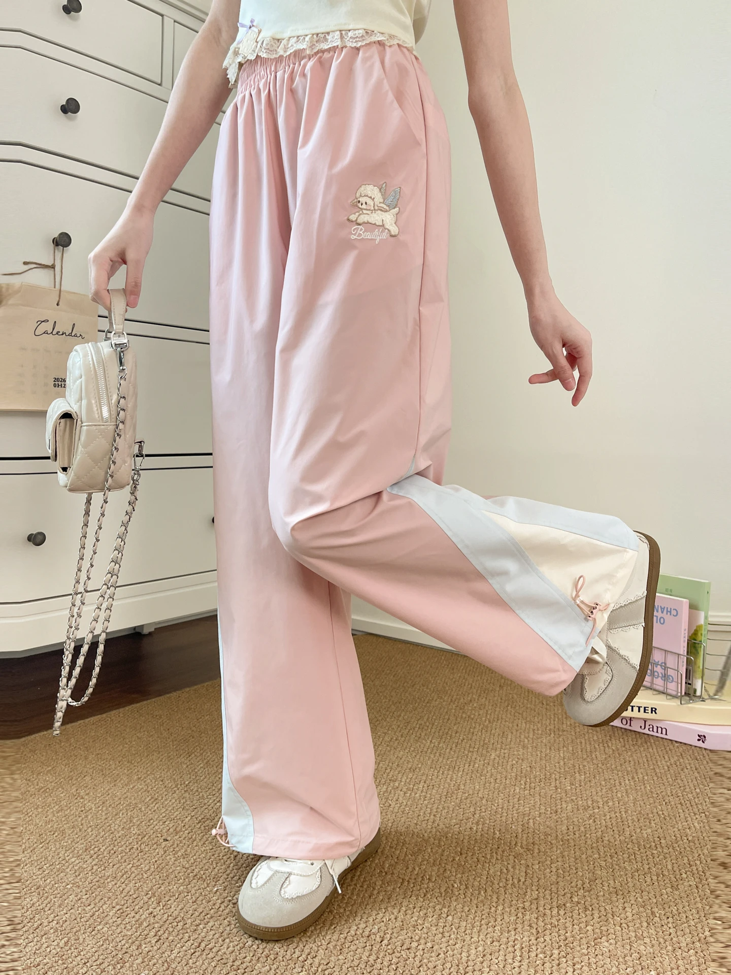 Adorable Girl Style Wide Leg Pants Pink Sheep Embroidery Patchwork Drawstring Casual Trousers Adjustable Waist High Waist