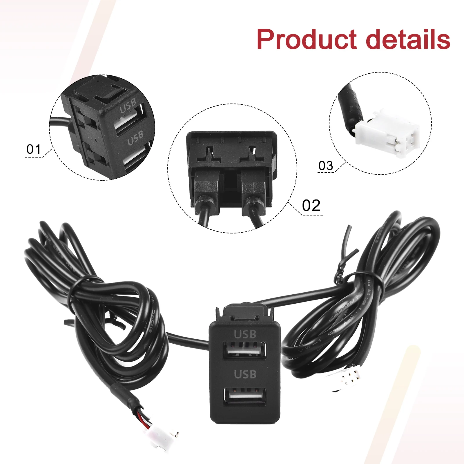 Panel de puerto USB dual con adaptador de cable de extensión de 145 cm para instalación de montaje en tablero de automóvil en salpicaderos y superficies de vehículos