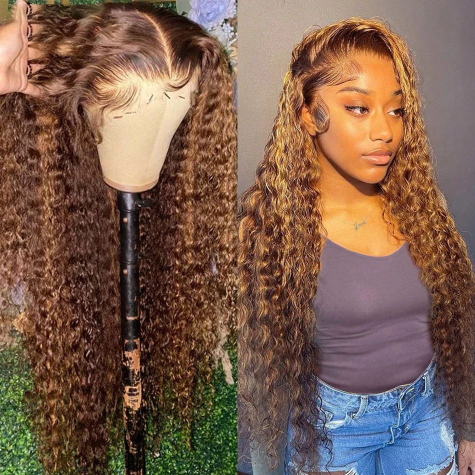 Highlight Honey Brown Curly Lace Front Human Hair Wigs 13x4 Remy Ombre Colored Deep Wave Lace Frontal Wig For Women Pre Plucked