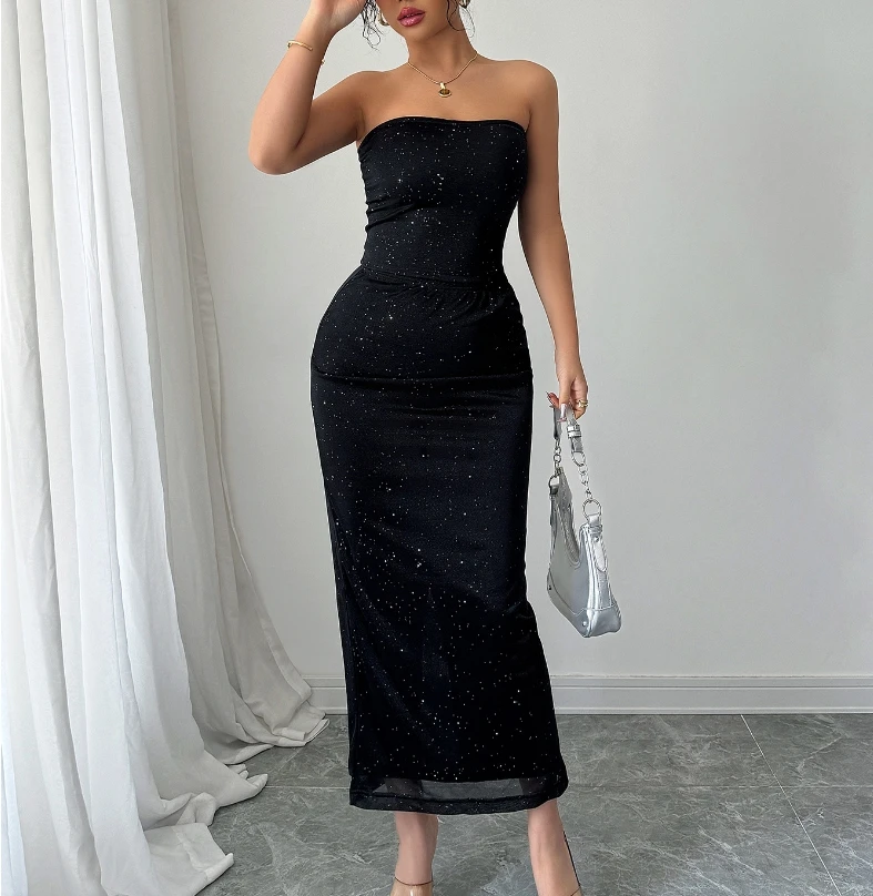 

Summer women's elegant and sexy temperament polka dot printed strapless tank top and high waisted hip hugging skirt set