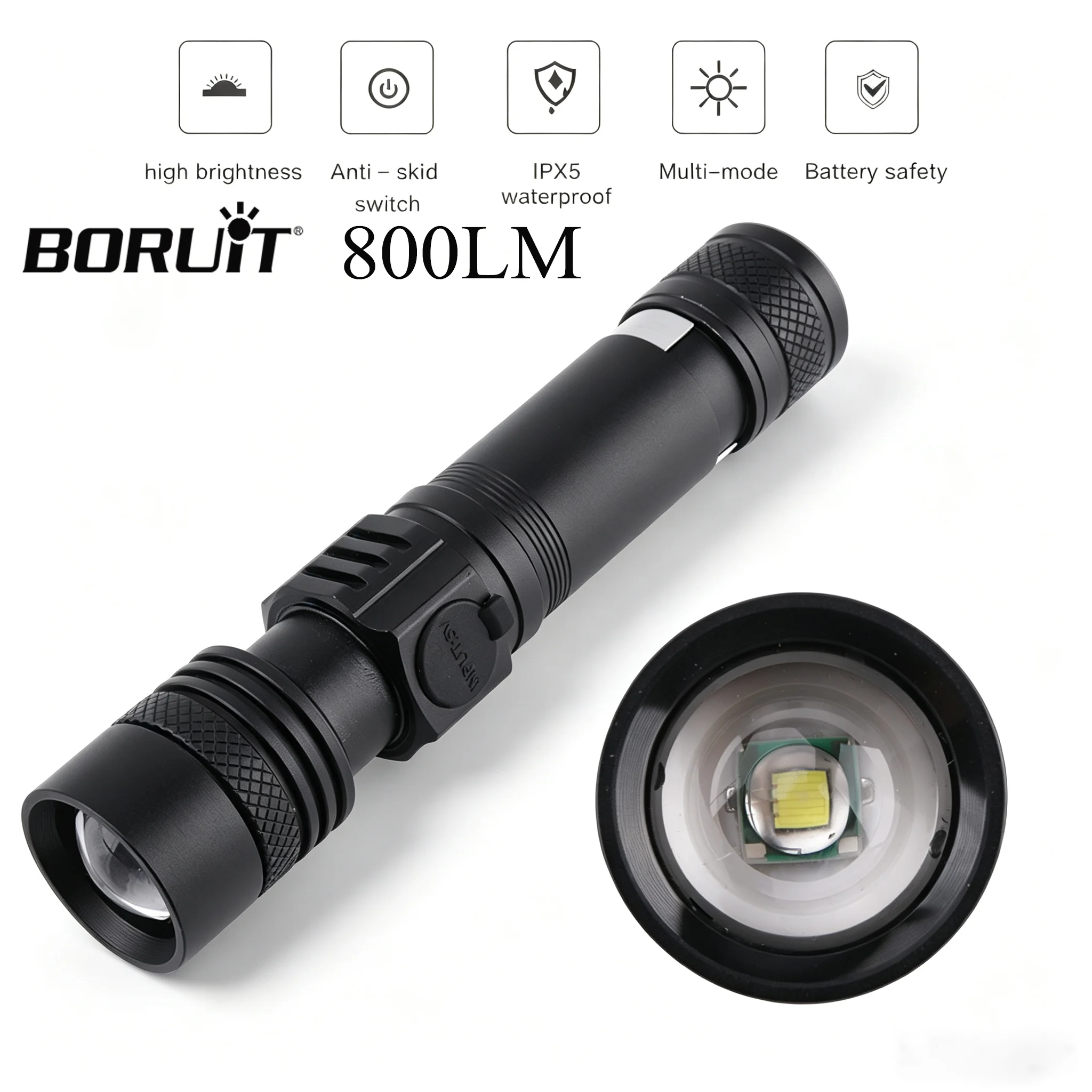 BORUiT C6 800LM T6 LED Flashlight Zoomable 18650 USB Rechargeable Waterproof Portable Torch Outdoor Camping Emergency Lamp