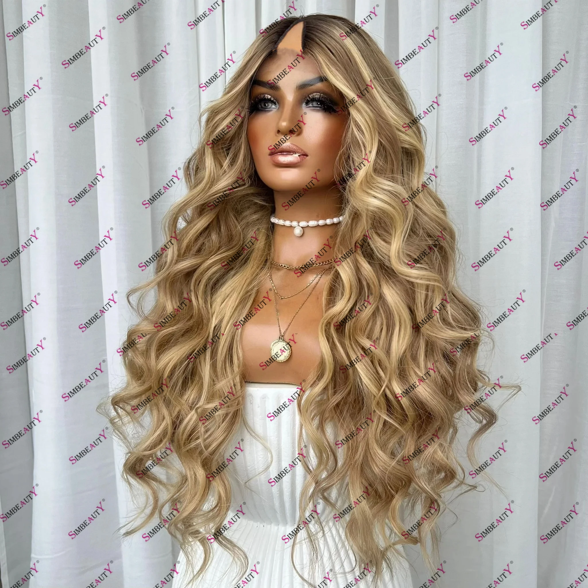 

Balayage Creamy Blonde Brown Human Hair Non Lace Glueless U Part Wig for Women Brazilian Remy Human Hair Easy Wear V Part Wig