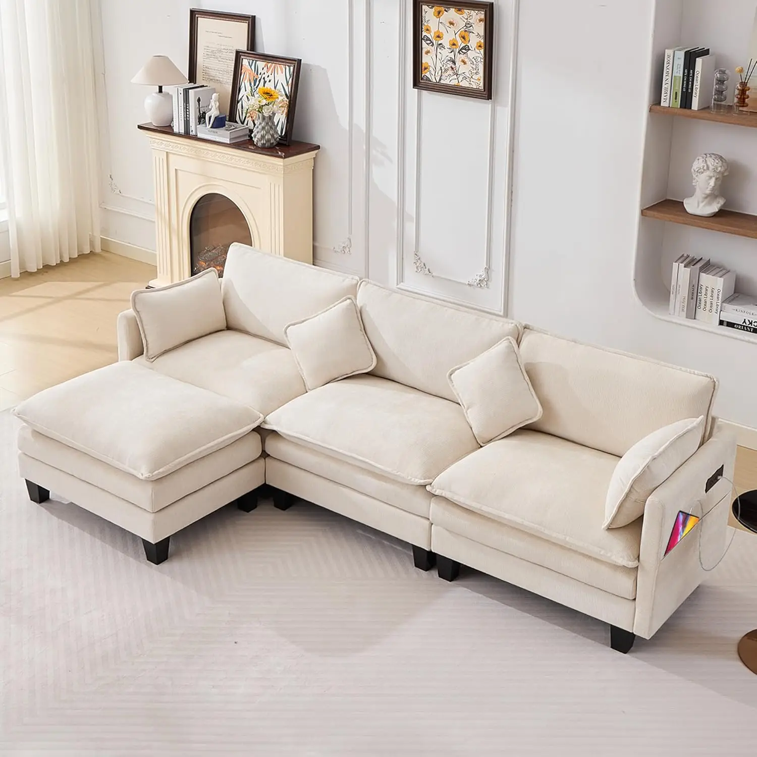 

108 Modular Sectional Couches for Living Room with Ottoman, L Shaped Cloud Couch with Charger, USB & Type-c Port, Comfy 4 Seats