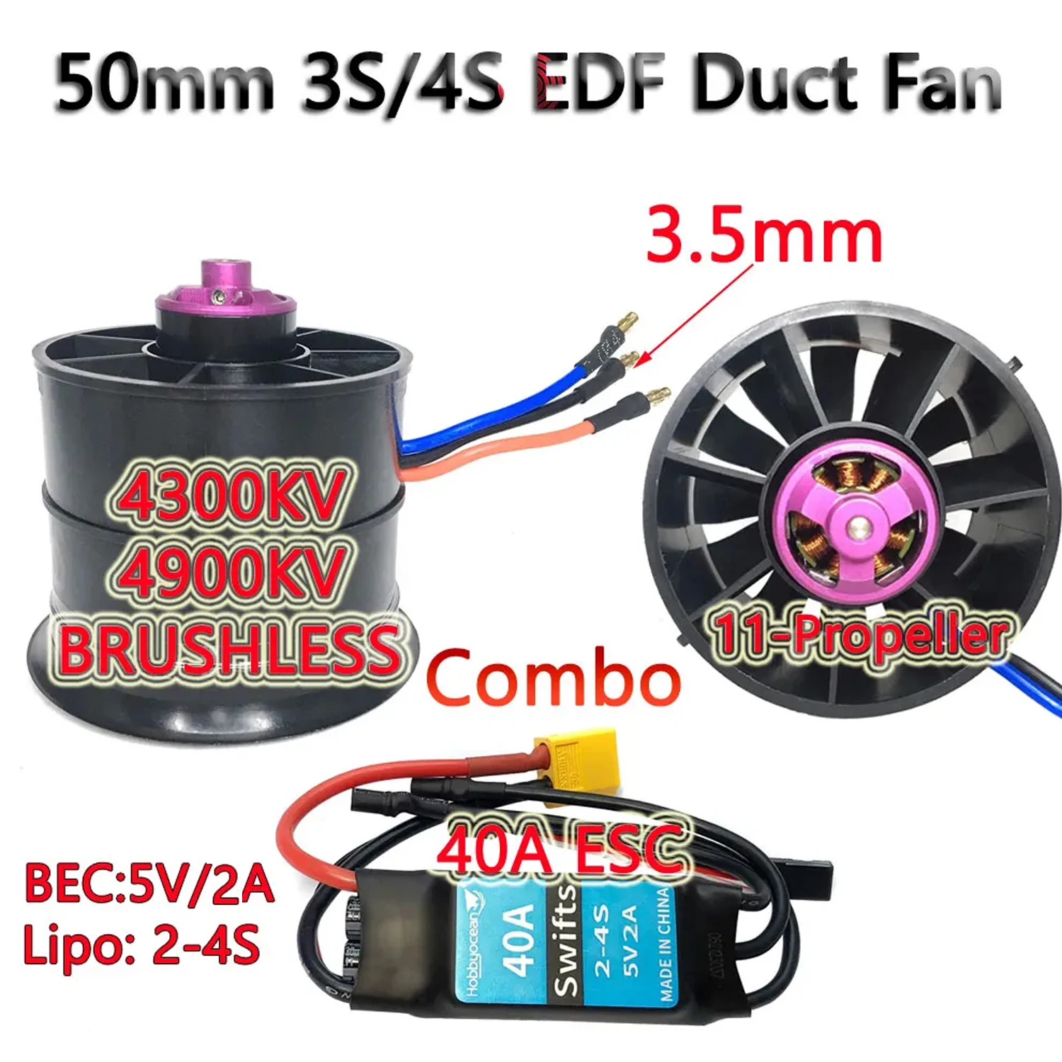 Hobbyocean 50mm 3-4S BRUSHLESS EDF Duct Fan 40A ESC 4900KV 4300KV 11-Propeller for Brushless Motor Rc Jet Airplane EDF Plane