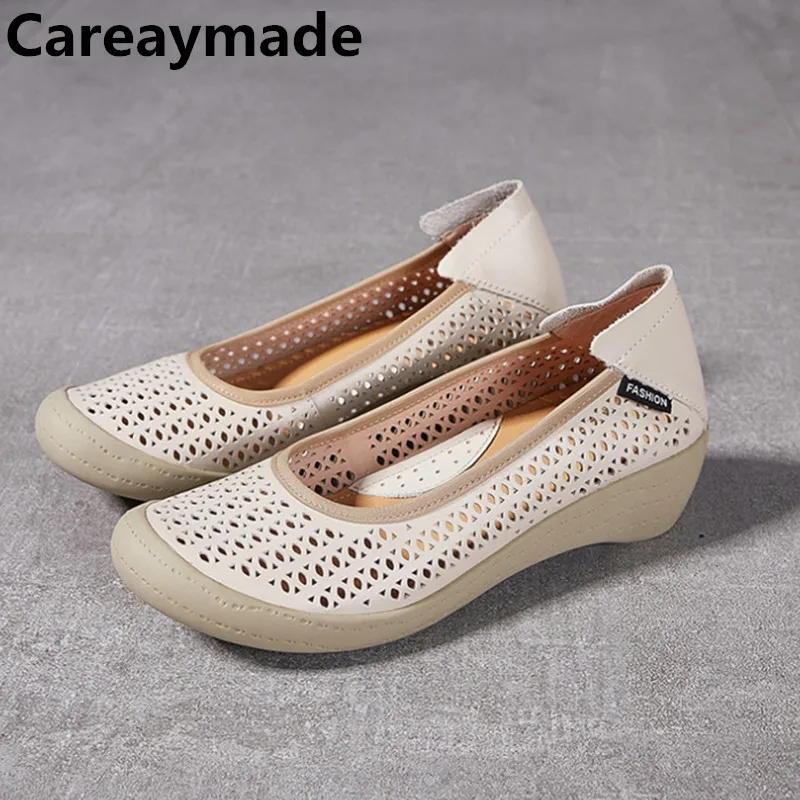 Careaymade-Genuine Leather pure handmade Women's shoes Cowhide Hollow Round Toe Slope Heel Elevated Breathable Women Nurse Shoes