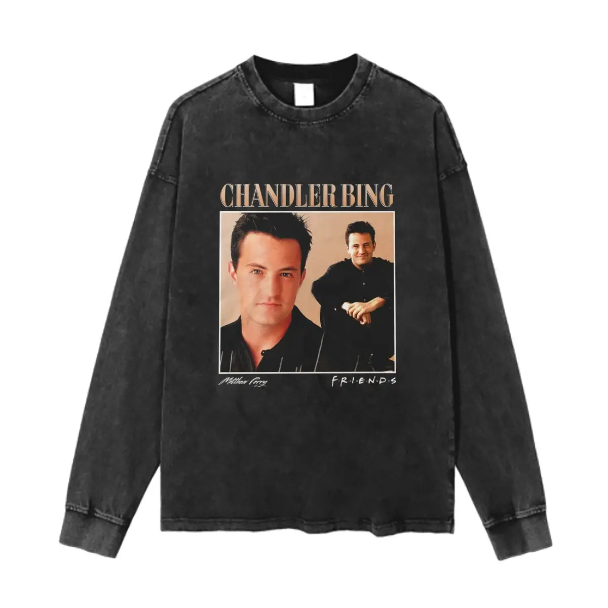 Chandler Bing Friends Art Washed Vintage Long Sleeves Cotton Tee Shirt Solid O Collared For Men's And Women's