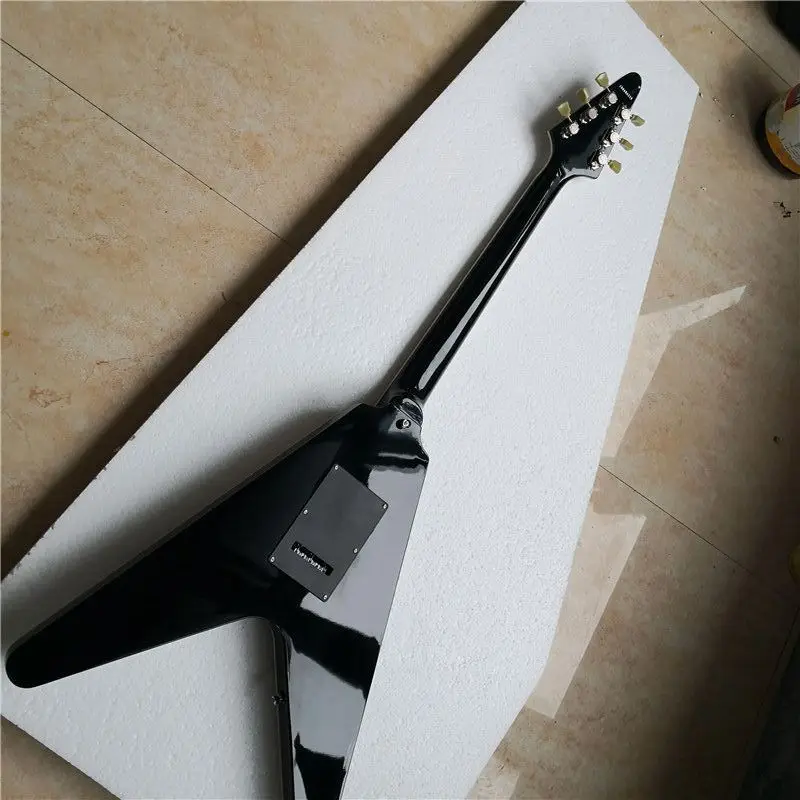 Black V Shaped 6-string Electric Guitar 22 Frets Vibrato System Humbucker Dark Grey White Heterogeneous Patchwork Fine Arts