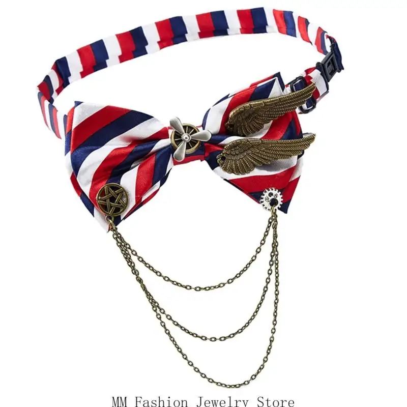 D0UB スチームパンクネクタイギア装飾フリンジチェーンボウタイ快適な調節可能なネックウェアユニセックスアクセサリー仮装パーティー用