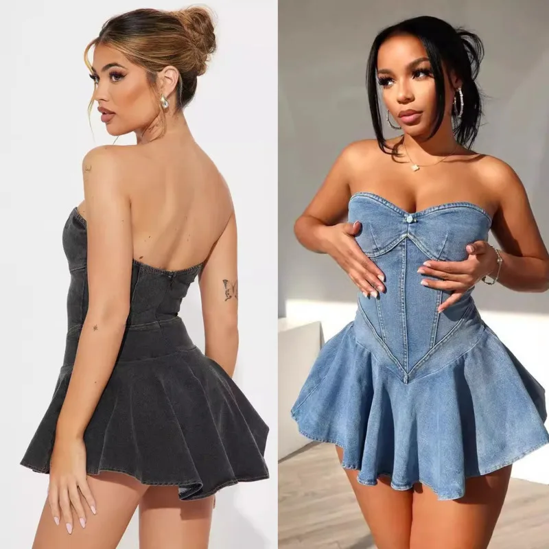 

Denim Dress Sexy Montage A-line Women Summer America Elegant Sizes Large Sleeveless Cotton Strapless A-line Short Skirt Pullover