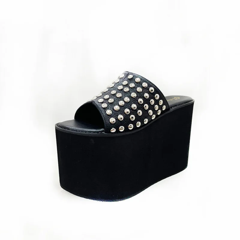 12cm Round Toe Women Pumps Rivets Studs Punk Thick Sole Platform High Heel Wedge Shoes Mules Slippers Slides Plus Size 42