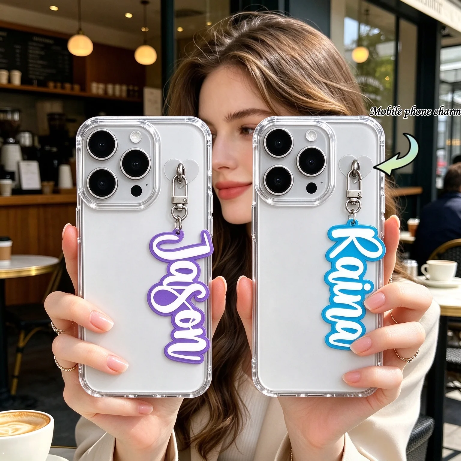Custom Name Acrylic Mobile Phone Charm Personalized ,Heart Hook Phone Case Pendant Custom Text Phone Accessory Gift for Couple