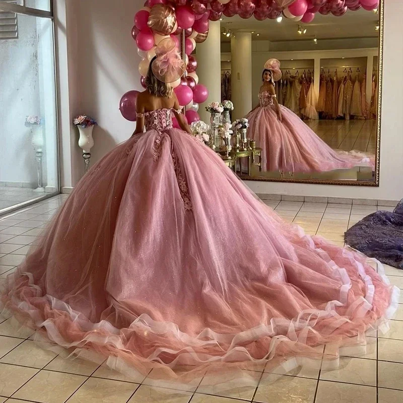 Dusty Pink Glitter Off Shoulder Ball dress, quinceañera, 15 años, Apliques De encaje, Vestidos De fiesta De cumpleaños De princesa