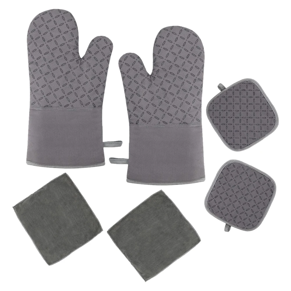 

1 set Oven Glove Set Heat Insulated Cooking Kitchen Grey High Temperature Protective Mitts Baking Anti Scalding Microwave Gloves