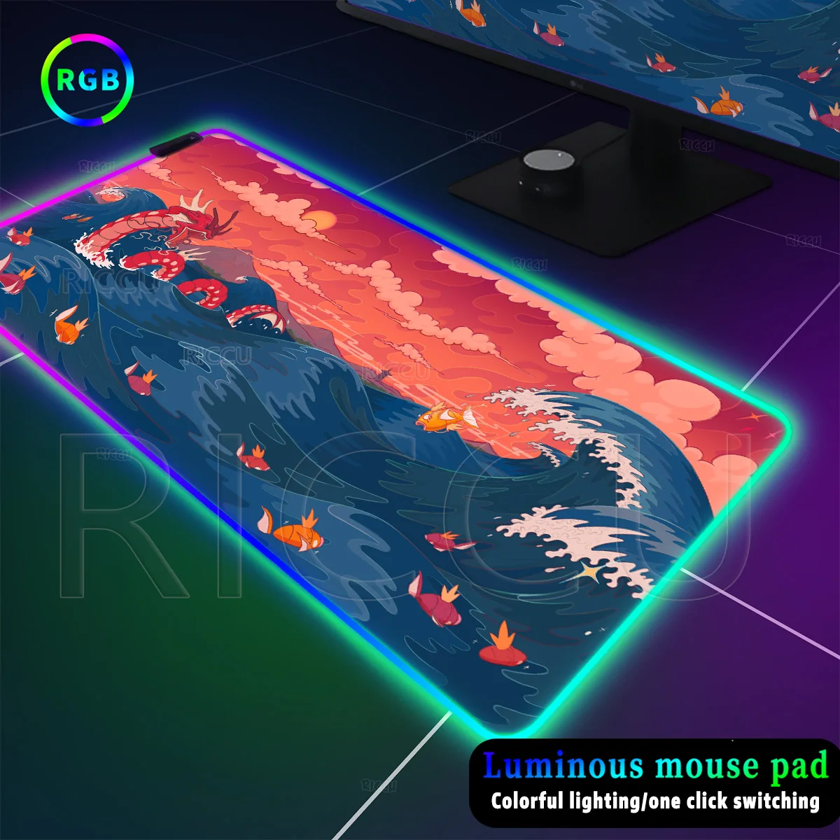 

RGB Large Pokémon Gyarados Pc Gamer Mouse Pad Anime XL Deskmat Gaming Computer Light Non-slip Laptop Keyboard LED Glowing Carpet