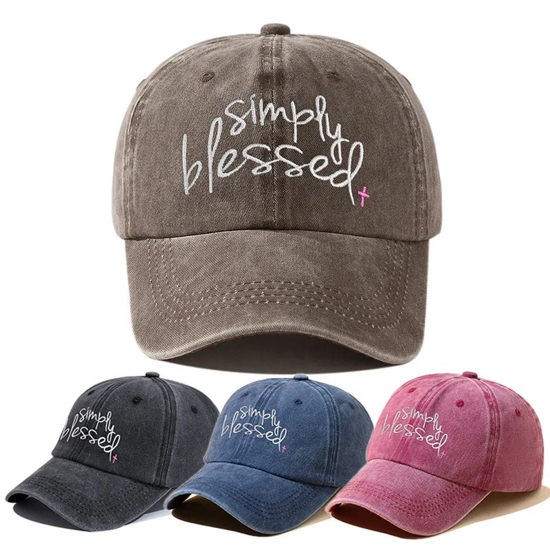 Simple Blessings Embroidered Baseball Hat Washed Old Solid Color Dad Hat Adjustable Sun Hat for Men and Women