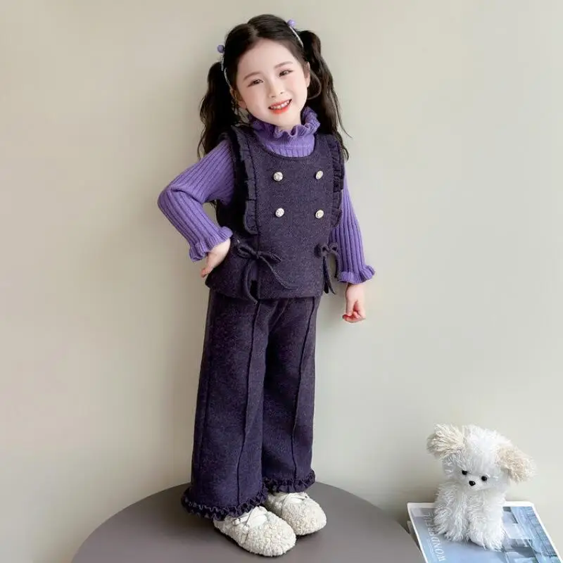 

Girl Autumn Three-Piece Set Vest Sweater Pants Tops Pullover Straight-Leg Pants Child Kawaii Fashion New Style Casual Clothing