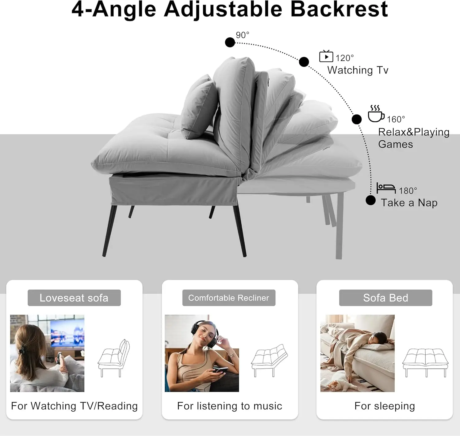 Multi-Functional Convertible Sofa Bed, Futon Couch with Adjustable Backrest, Fabric Sleeper for Guests, Loveseat Guest Bed