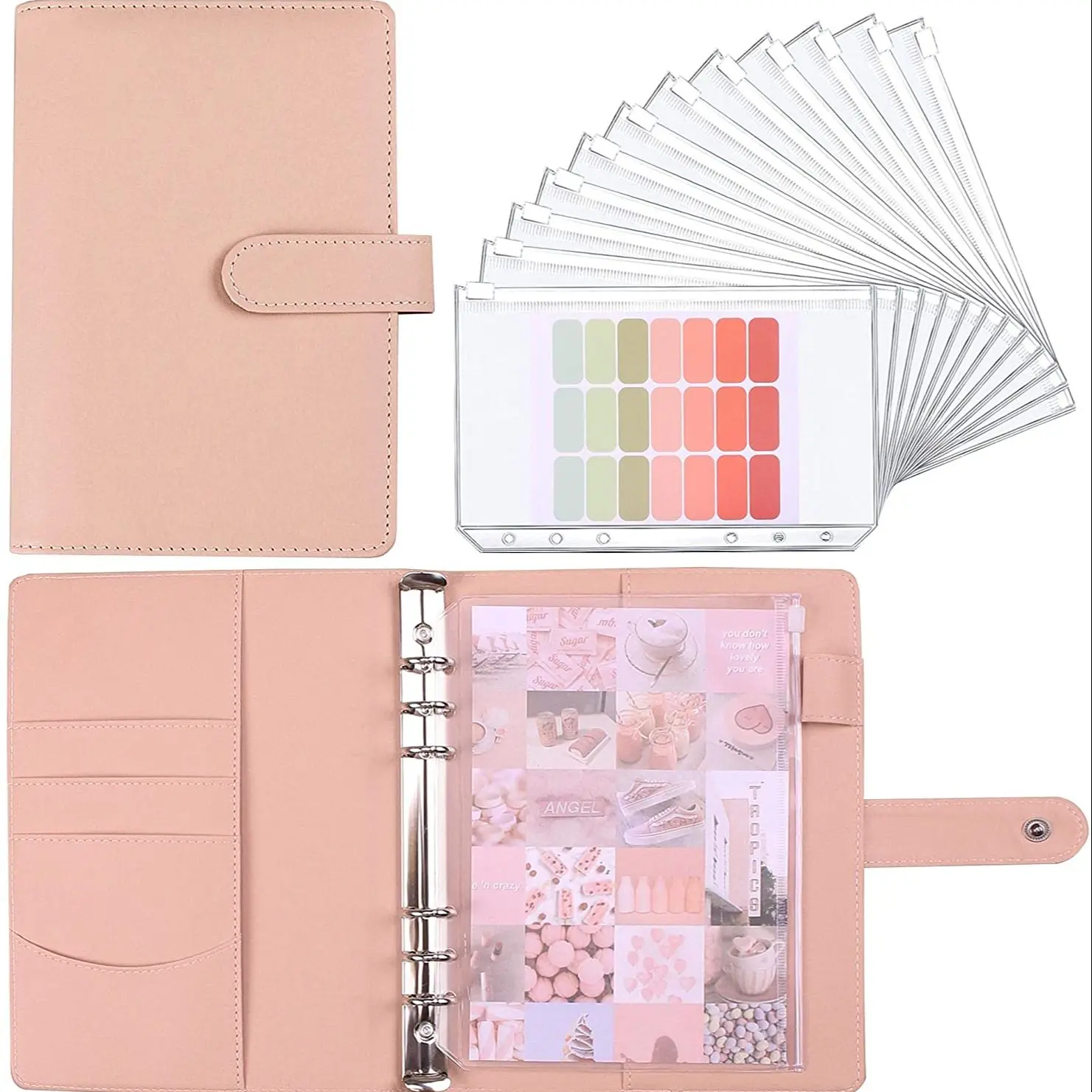 A6 Budget Binder Planner With 12 Pieces Cash Envelopes, Colorful PU Leather Notebook Binder With 12 PCS A6 Binder Pockets