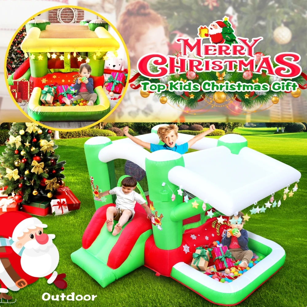 Christmas Jump 'n Slide Inflatable Bouncer สําหรับเด็ก ติดตั้งครบชุดพร้อมเครื่องเป่าลม - พื้นที่เล่น 80" x 91" - สูง 55"