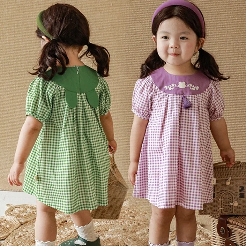 

2025 Children's Summer New Purple Green Checkered Cotton Solid Color Embroidered Ruffle Collar Dress