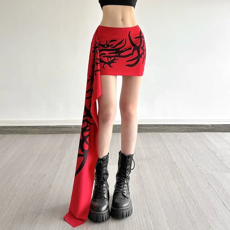 

Юбка женская 26SS Red Spice Girls Y2K с принтом Dark Flame и лентами