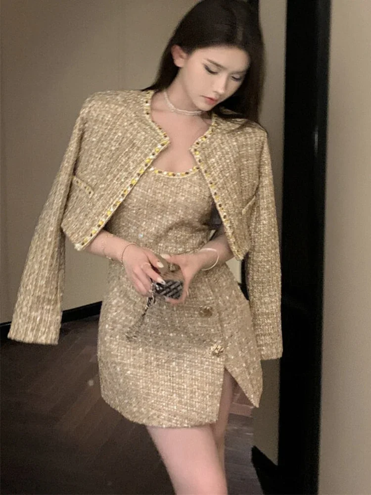 

Gold Tweed 2 Piece Suit Jacket for Women 2024 Autumn Winter Luxury Designers Elegant Wool Coat + Strap Mini Dress Korean Fashion