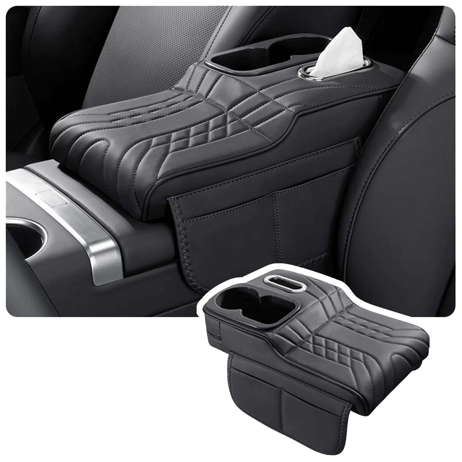 Multifunctional Car Armrest Cushion, Center Console Cover with Tissue Holder, Cup Slot and Side Pockets
