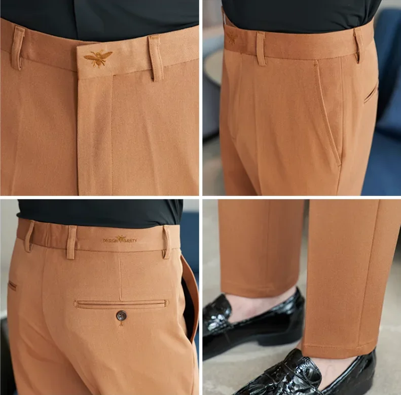 Calça formal bordada para homens, estilo coreano, fino para escritório, terno social, alta qualidade, streetwear, verão, 2022