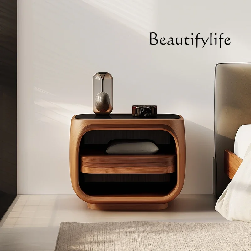 Italian minimalist bedside table small solid wood bedroom bedside table light luxury high-end walnut creative small side table