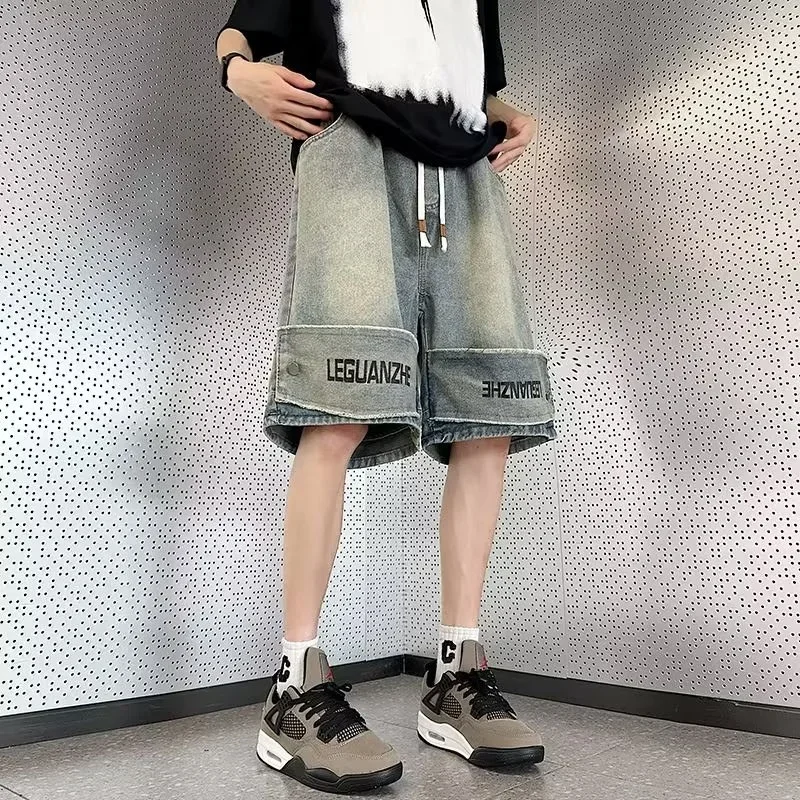 

Летние мужские потертые джинсовые шорты в американском стиле ретро в стиле хип-хоп, мешковатые джерсы с буквенным принтом, новые сращенные уличные бермуды Y2K