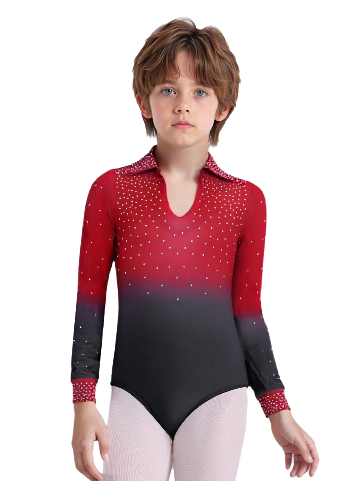 Kids Boys Waltz Modern Ballroom Dance Performance Costume Long Sleeve Rhinestones Leotard with Pants Gymnastics Dance Outfits