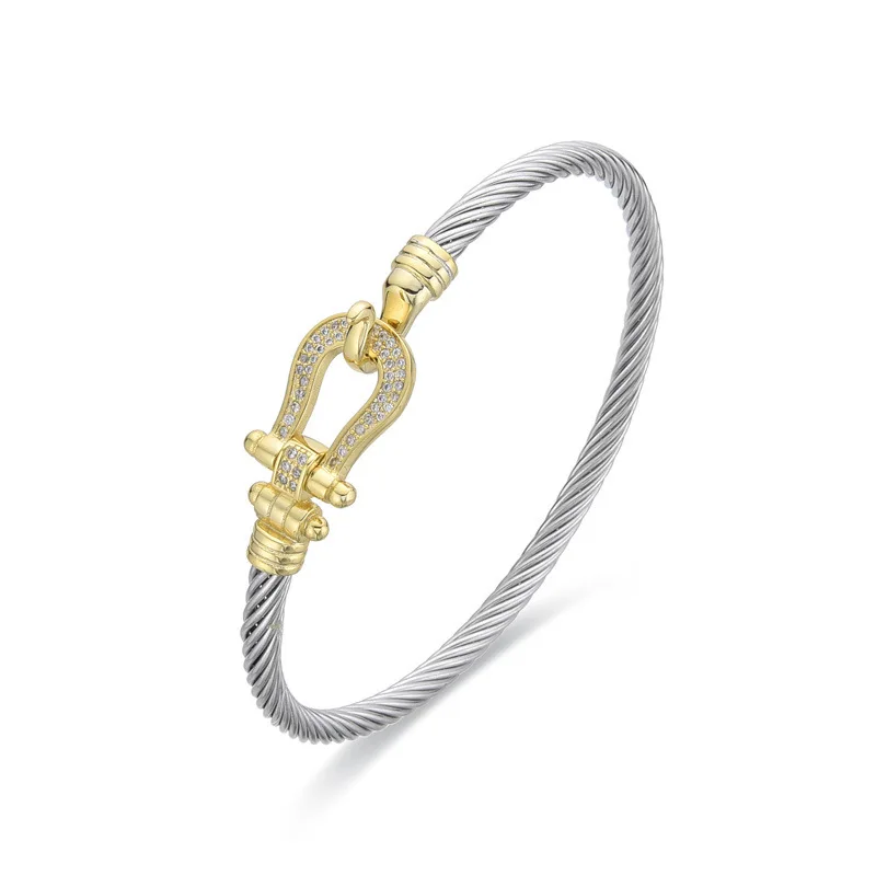 LENNIKHigh End، طراز فاخر خفيف، سوار مفتوح من الفولاذ المقاوم للصدأ مع لمسات ذهبية وفضية، حبل سلك فولاذي لؤلؤي