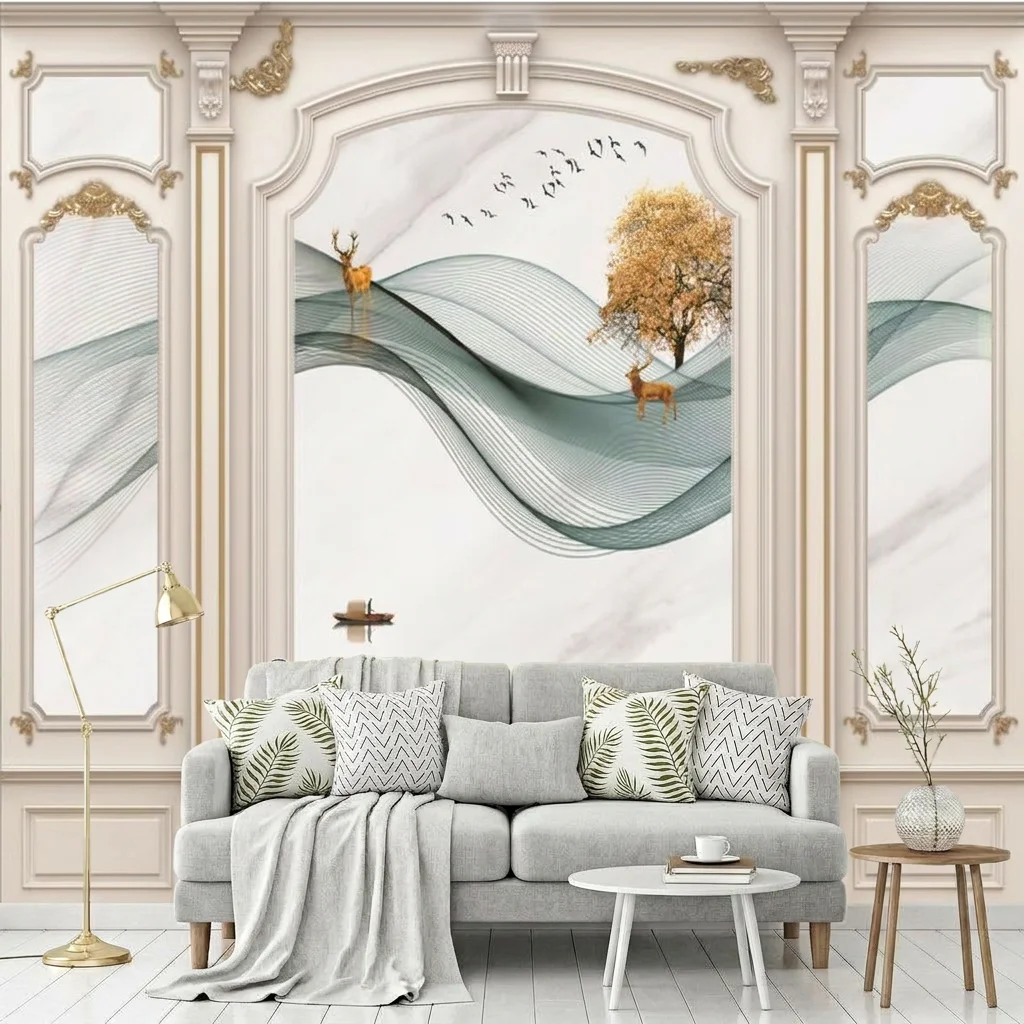 Self-adhesive mural for bedroom headboard background, featuring 3D simulation background and Roman column design.