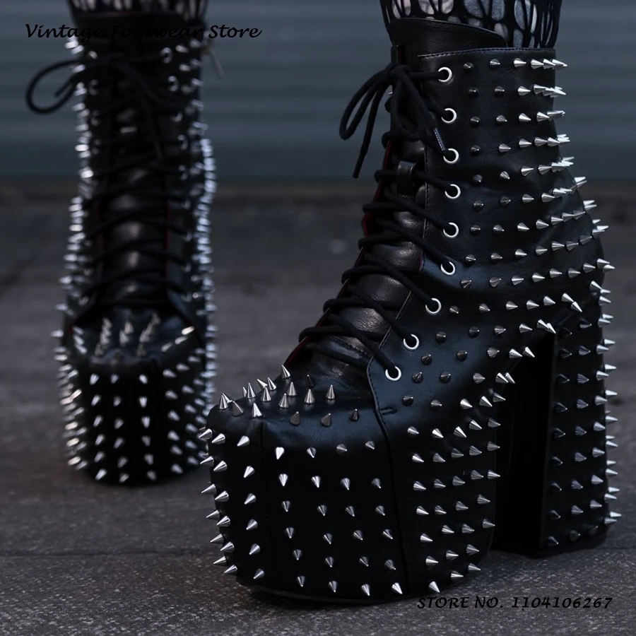 Silberne Nieten-Plateau-Stiefeletten im Punk-Stil mit Rundzehe und Blockabsatz, Übergrößen-Schuhe, Damen Street-Style Einfarbige Schnür-Stiefeletten