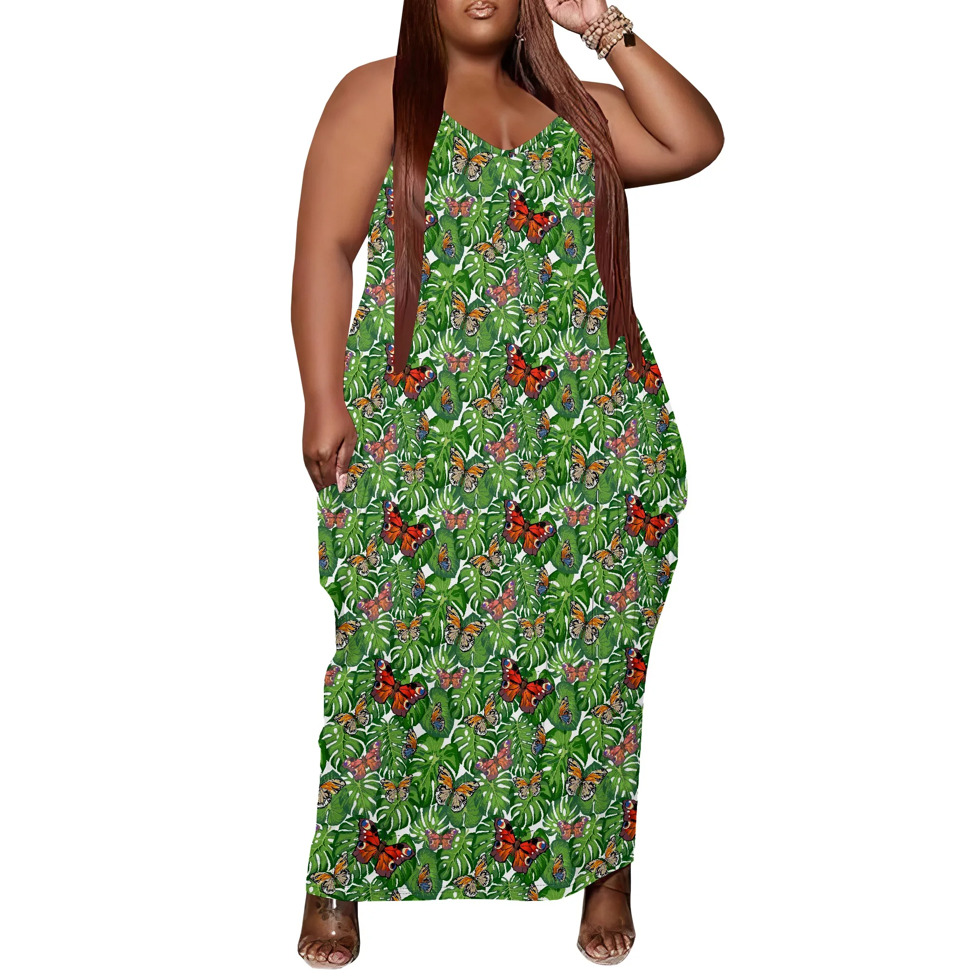 

Women Plus Size Dress Loose Slip Maxi Dress with Pocket Stretchy Boho Butterfly Print XL-6XL​