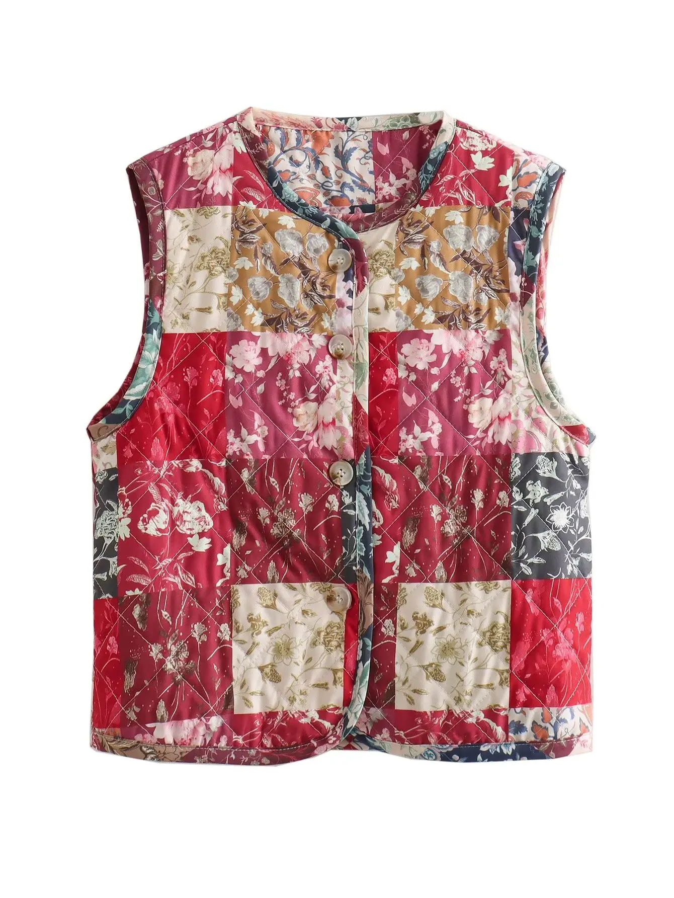 Women's Vest Thin Cotton-Lined Jacket For Spring And Autumn Collarless Sleeveless Colorful Floral Print Tank Top Short Jacket