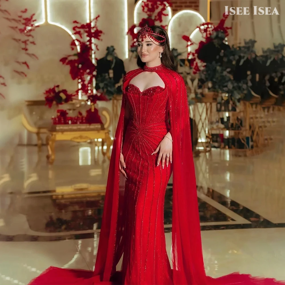 비즈 이브닝 드레스 여성 케이프 슬리브 두바이 فساتين سهرة 크리스탈 Bodycon 미인 대회 드레스 파티 가운 맞춤형
