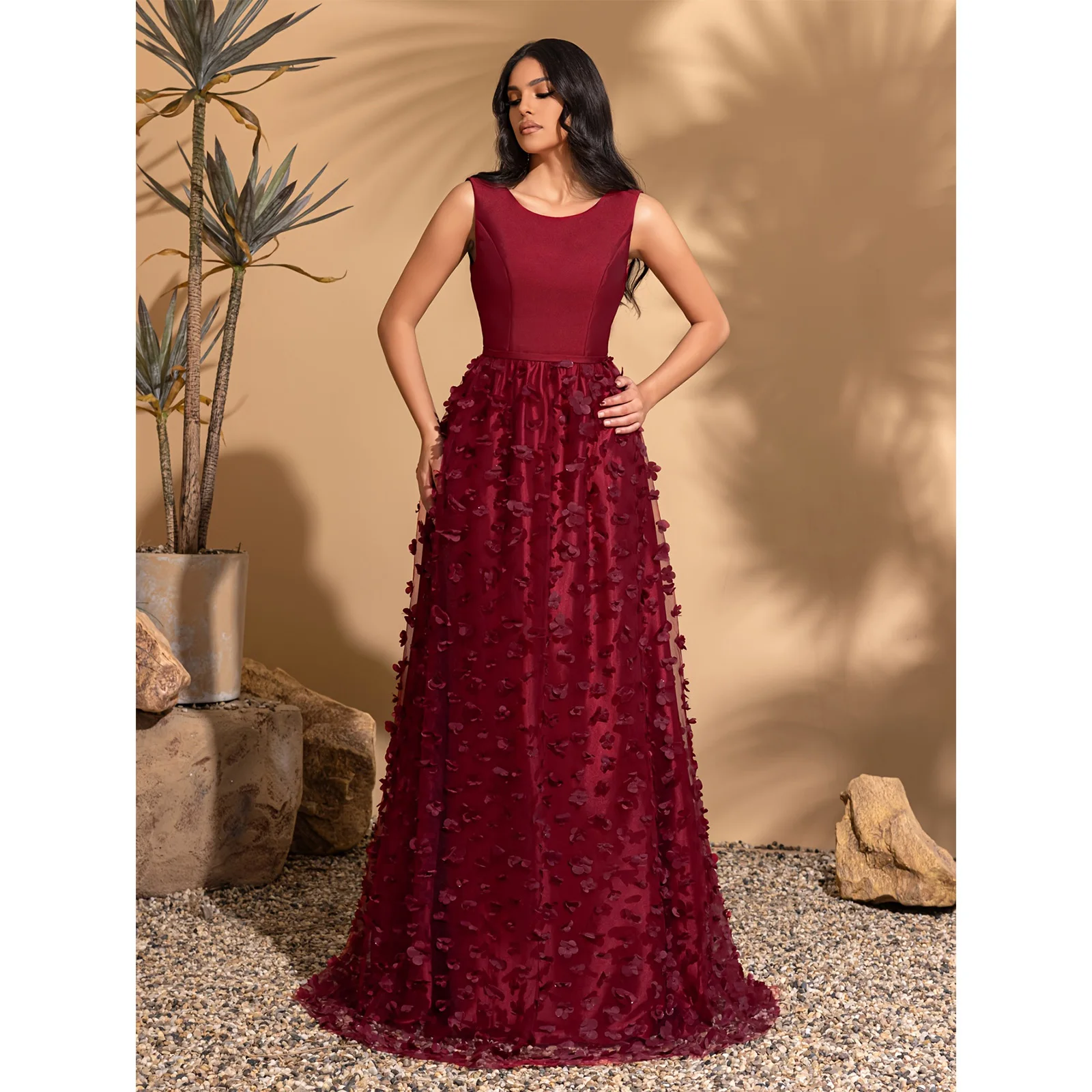 

Satin round neck sleeveless flower embellishment A-line dress
