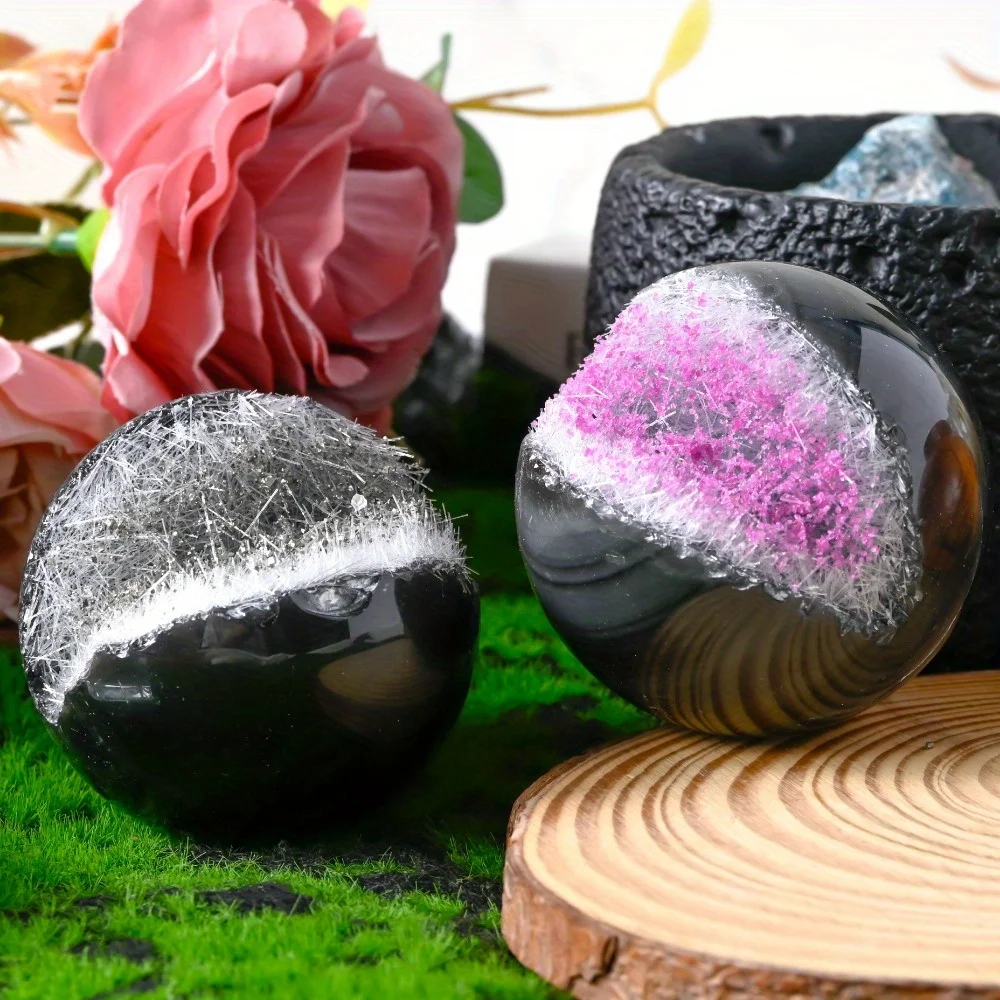 

1pc Boho Artificial Crystal Needle Shape Smiling Obsidian Mica Sphere Mineral Specimen, Obsidian Pyrite Mica Needles, Pink Mica