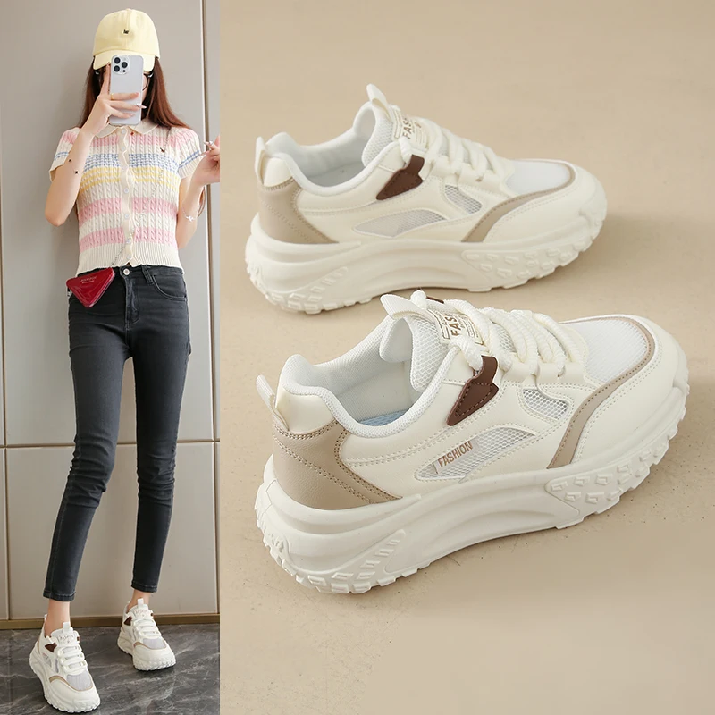 

2025 New Women's Lace Up Chunky Platform Sneakers 6CM Heel Wear Resistant Comfortable Outsole Streetwear Casual Shoes