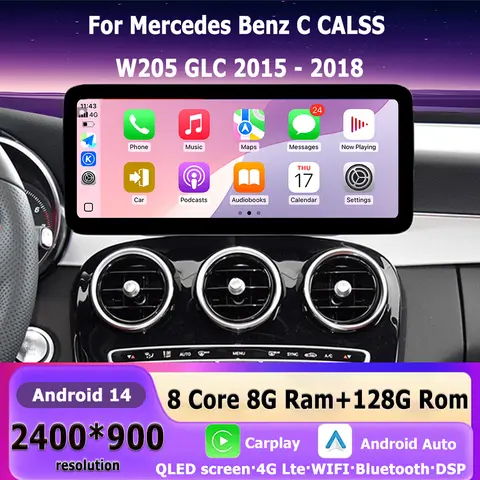 벤츠 C 클래스 W205 GLC 2015-2018 안드로이드 지능형 시스템 카 비디오 멀티미디어 플레이어 GPS 네비게이션 4G 블루투스 와이파이 카플레이