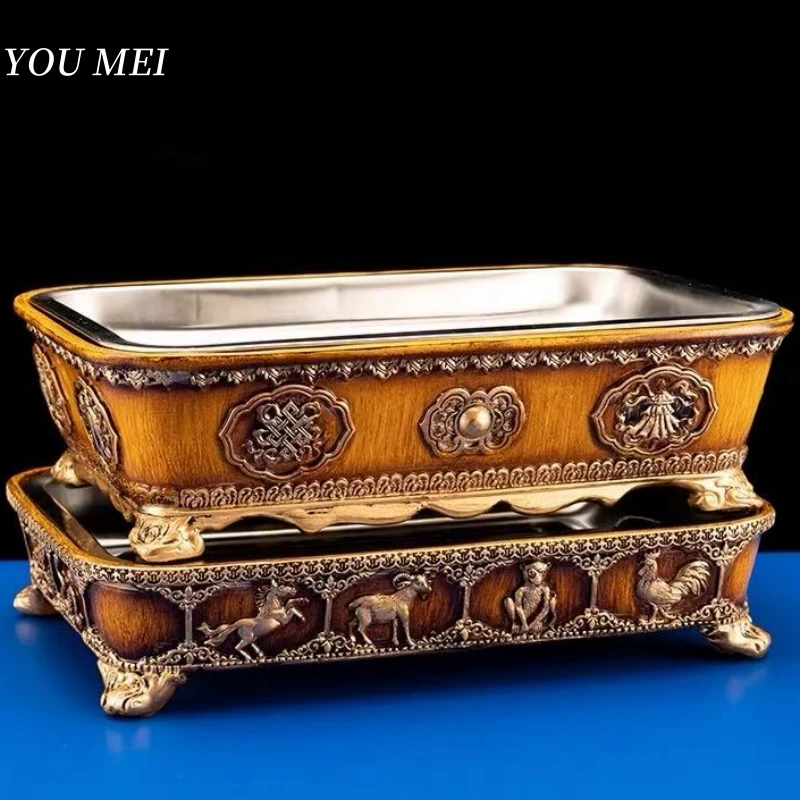 

Tibetan Brown Altars Resin Fruit Platter,Buddhism Tribute Stainless Steel Inner Tank Plate,Handicraft Holy Tray Buddhist Item