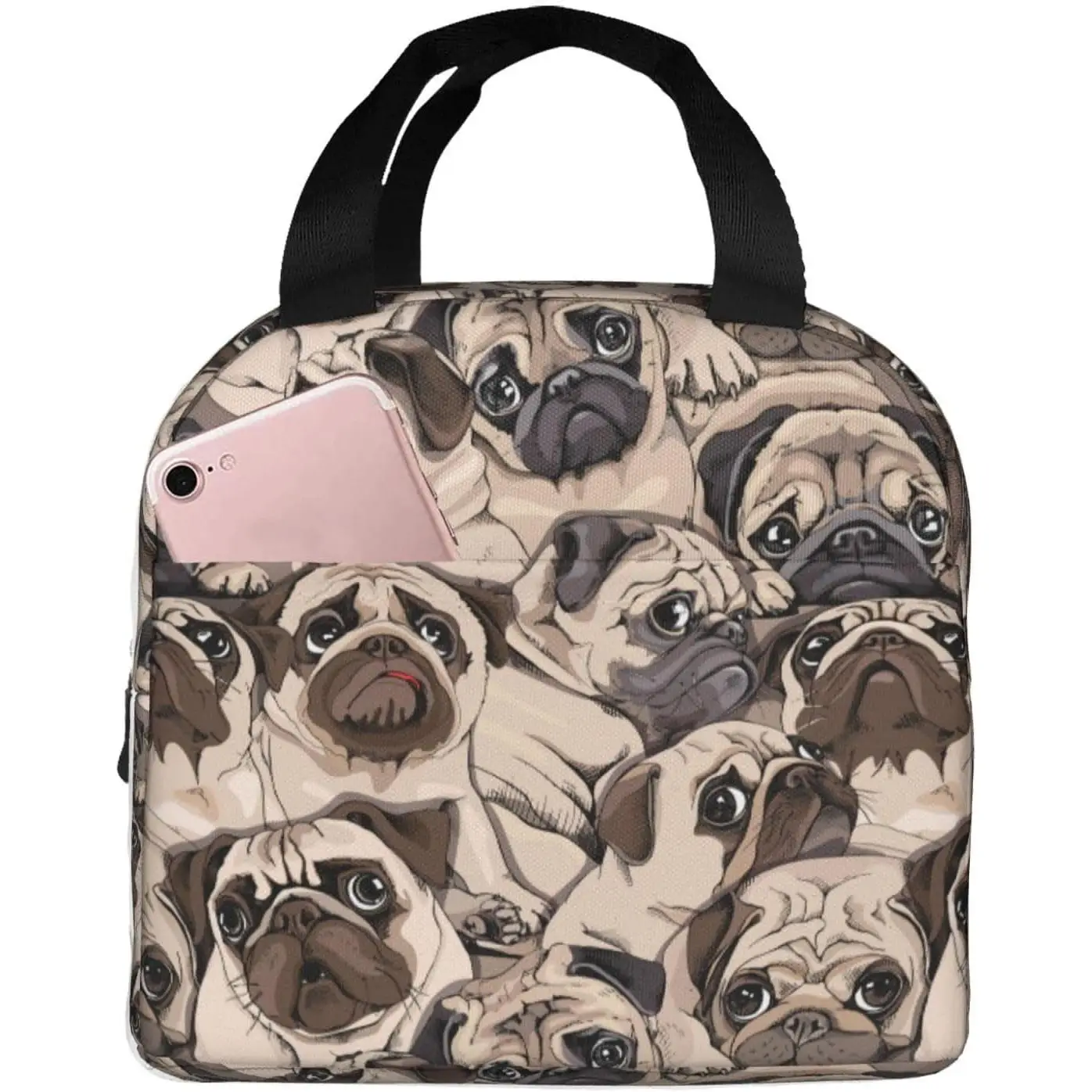 

Cute Pug Dogs Lunch Bag Compact Tote Bag Reusable Lunch Box Container For Women Men School Office Work
