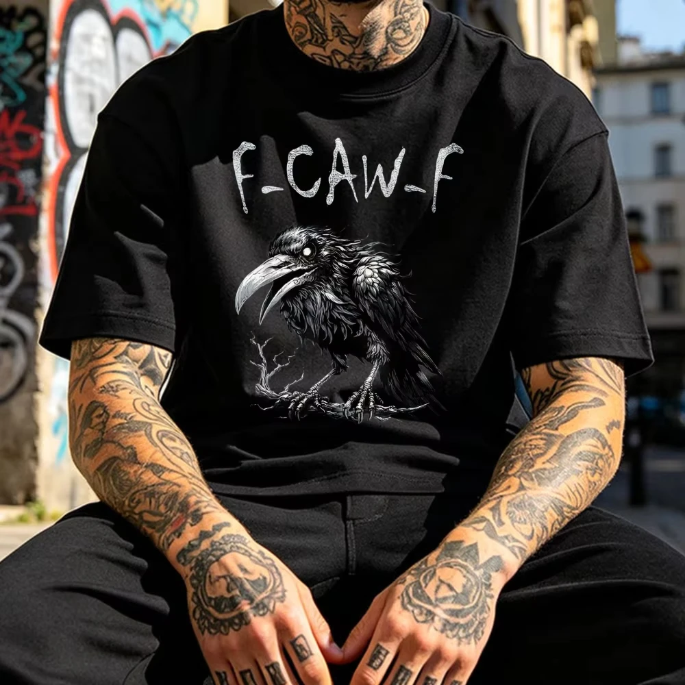 Men'S Black Hawk Pattern T-Shirt - F-Caw-F Design Casual Crew Neck Short Sleeves Regular Fit Four Seasons Wear Graphic T-Shirt