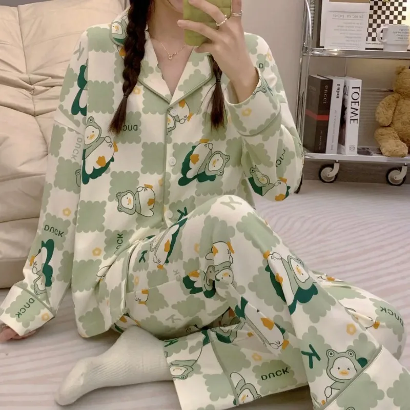 Youth Pajamas Women's Spring Autumn Long Sleeved Sleepwear Girls Loose Lazy Style Outwear Advanced Student Loungewear Set Pijama