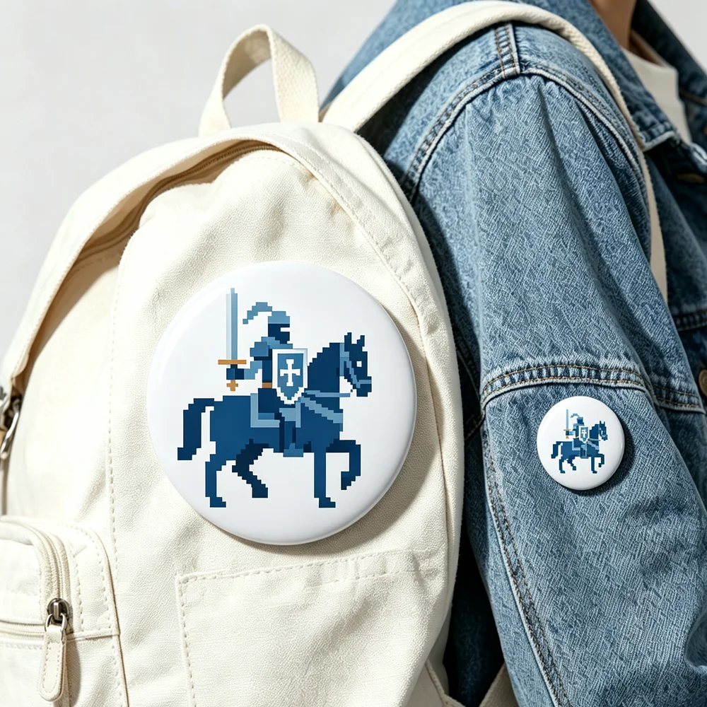 Pixel Knight Tinplate Badge 58mm Medieval Crusader Warrior Safety Pin Brooch For Backpack Clothing Bag Decor Collection Gift