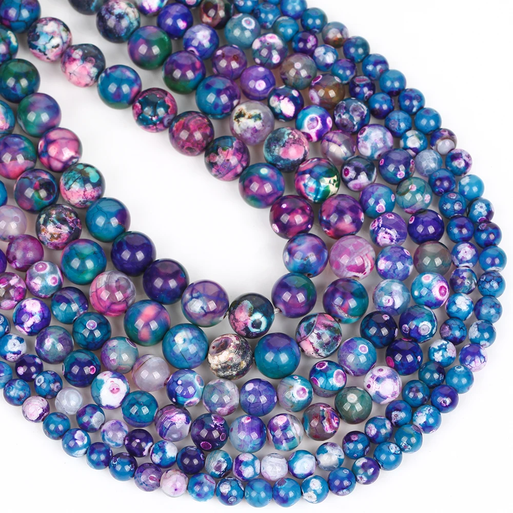 Natursteinperlen 6-10mm Lila Blau Feuerachat Runde Lose Abstandsperlen für Schmuckherstellung DIY Armbänder Ohrring-Zubehör