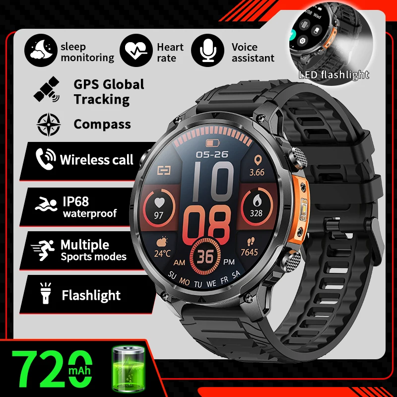 

Choice LIGE New Smart Watch Waterproof LED Flashlight GPS 720mAh Battery Compass Music Control Smart watches for men Android IOS